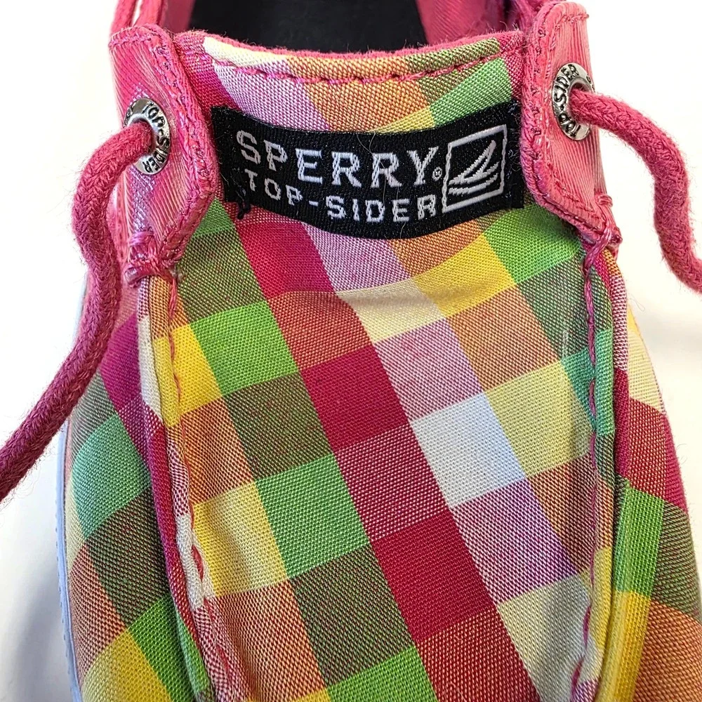 Sperry Top-Sider Pink Yellow Green Plaid Boat Loafer Shoes Size 4.5M Biscayne